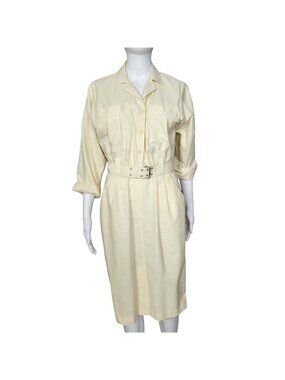 Taurus II Womens Belted Yellow Striped Button-Up Midi Dress Size 8